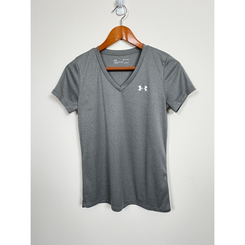 Under Armour HeatGear T-Shirt Womens Small Gray V-Neck Loose Fit Athletic